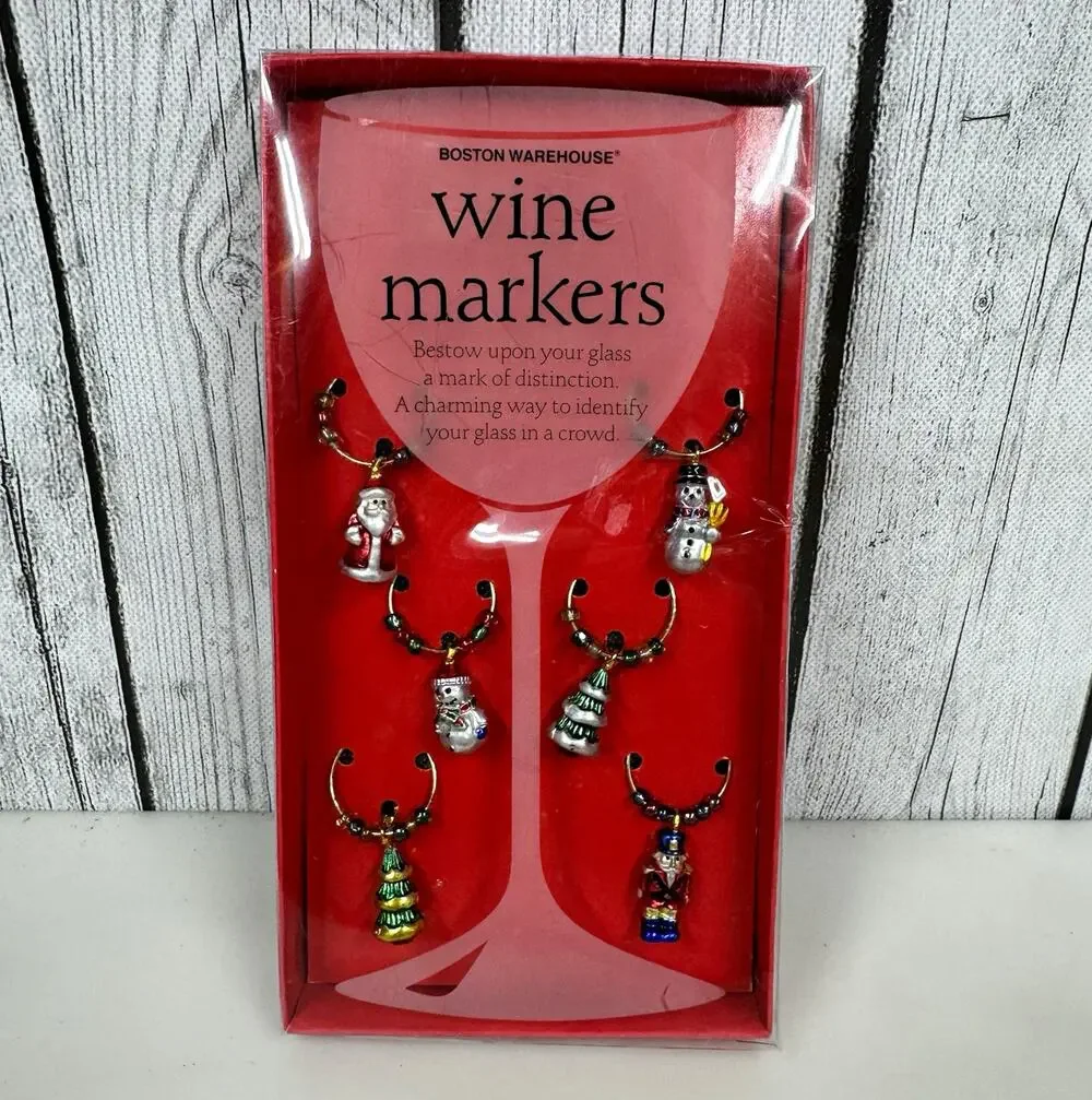 Boston Warehouse Reusable Metal Wine Glass Markers 6pk Christmas Santa Set